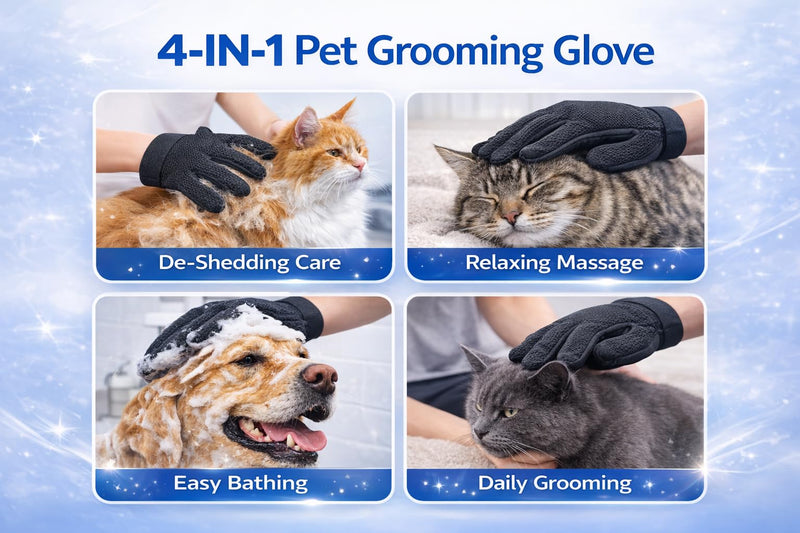 4-in-1 Pet Grooming & Washing Glove for Dogs and Cats, De-Shedding Massage Bathing Grooming Cat Hair Remover Glove with Longer Tips More Efficient (Right, Grey) - PawsPlanet Australia
