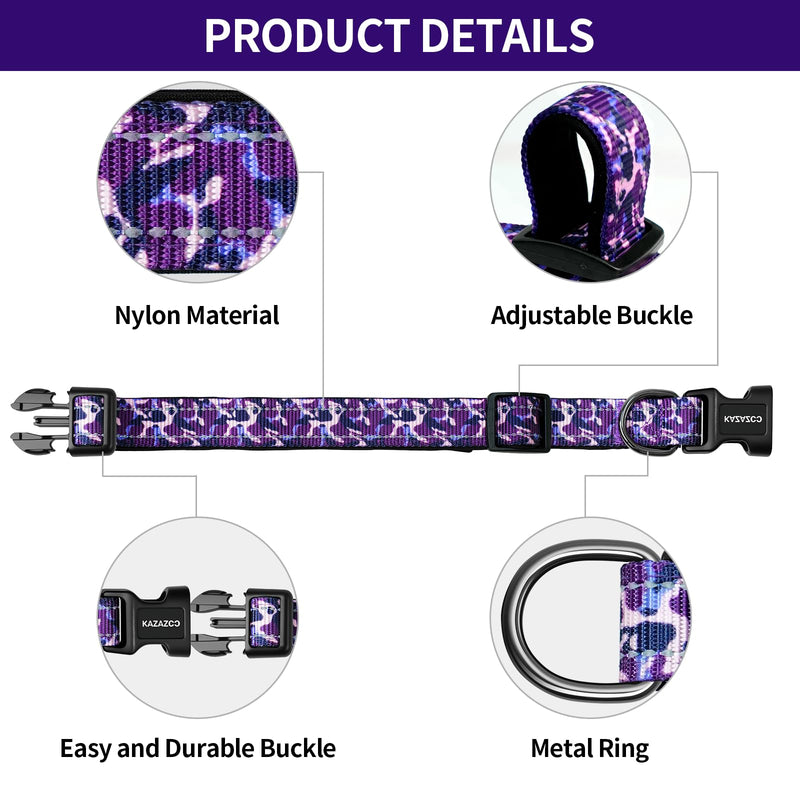 Kazazoo Reflective Dog Collar with Soft Padding Dog Collar for Large Dogs, Reflective Wide Nylon Adjustable Collar with Soft Padding, Durable Buckle for Pitbull Labrador Retriever,Girl Purple camo-L L