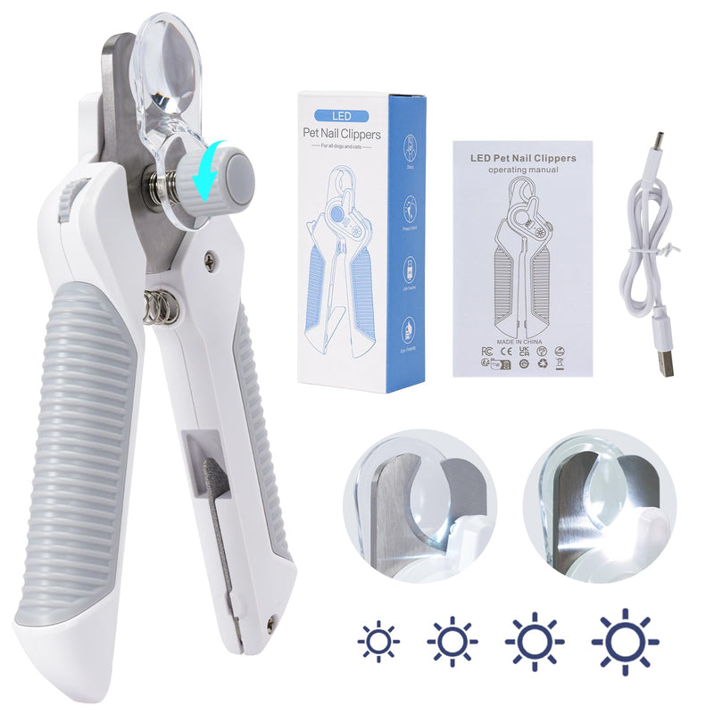 Dog & Cat Nail Clipper with 2 Adjustable Brightness LED lights, Safety Guard to Avoid Over-Cutting, Nail File, Extra Sharp Trimmer for Thick Pet Nails Grooming, Quick Sensor, Safety Lock, Rechargeable