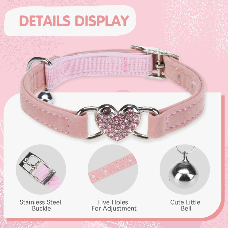 BINGPET Diamond Cat Collar,Adjustable Soft Velvet Leather Safe Kitten Collar with Crystal Heart Charm and Bells,Girl Boy Bling Stylish Cat Collars with Safety Elastic (Pink, Neck Girth 8"-10") Neck Girth 8"-10" Pink