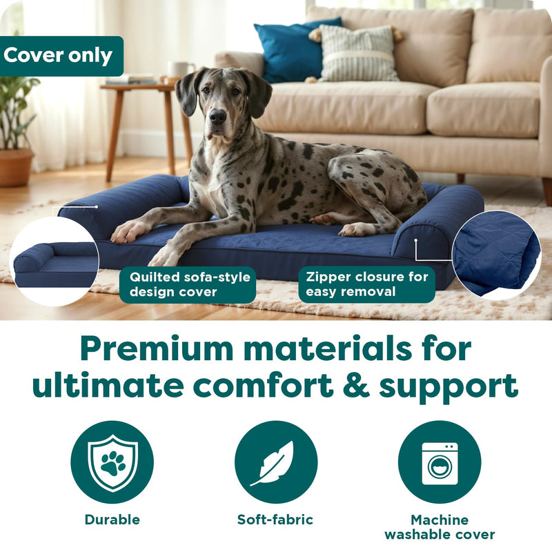 FurHaven Dog Bed Cover Replacement, Sofa-Style Design with Soft Quilted Sleep Surface for Cozy Comfort, Machine Washable, Jumbo Plus XXL, Quilted Fabric, Navy Blue - PawsPlanet Australia