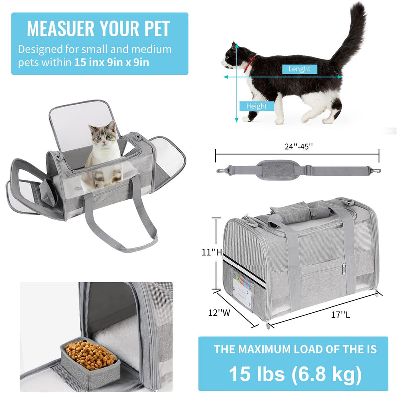 Soft Sided Cat Carrier for Small Cats Puppies up to 15 Lbs, Airline Approved Pet Carrier Collapsible Travel Puppy Carrier with Reflective Strip, Grey - PawsPlanet Australia