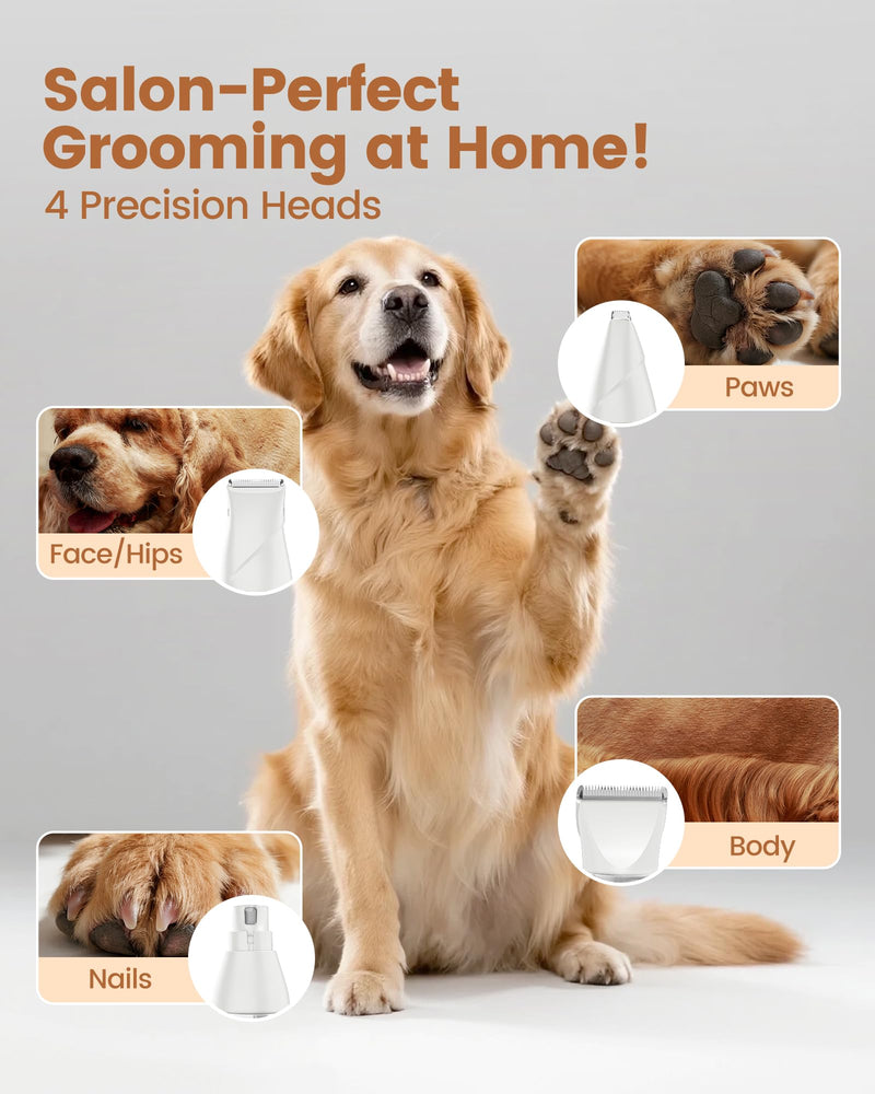 4 in 1 Professional Dog Grooming Kit, 2000mAh Heavy Duty Cordless Clippers, 2-Speed Low Noise Dog Trimmer with Nail Grinder for Thick Hair - for Dogs & Cats Body, Paws, Face, Ears, Legs White