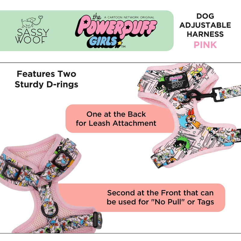 Sassy Woof Dog Adjustable Harness - The Powerpuff Girls™ (Pink) - L, Breathable Mesh, No Pull Design with Two D-Rings, Patented Design, Ideal for Large Dogs - Officially Licensed Dog harness - PawsPlanet Australia