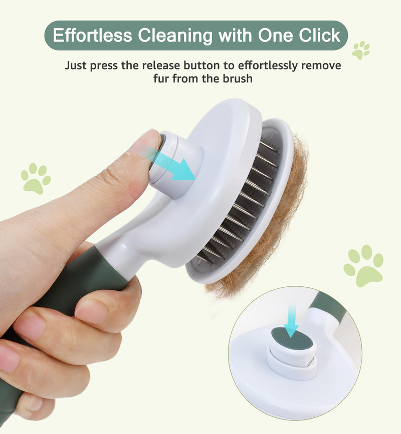 Pet Self-Cleaning Slicker Brush for Dogs & Cats, Deshedding Grooming Comb, Removes Loose Undercoat Hair & Mats, Skin-Friendly Massaging Tool for Long/Short Fur, Large & Small Breeds (Green) Green - PawsPlanet Australia