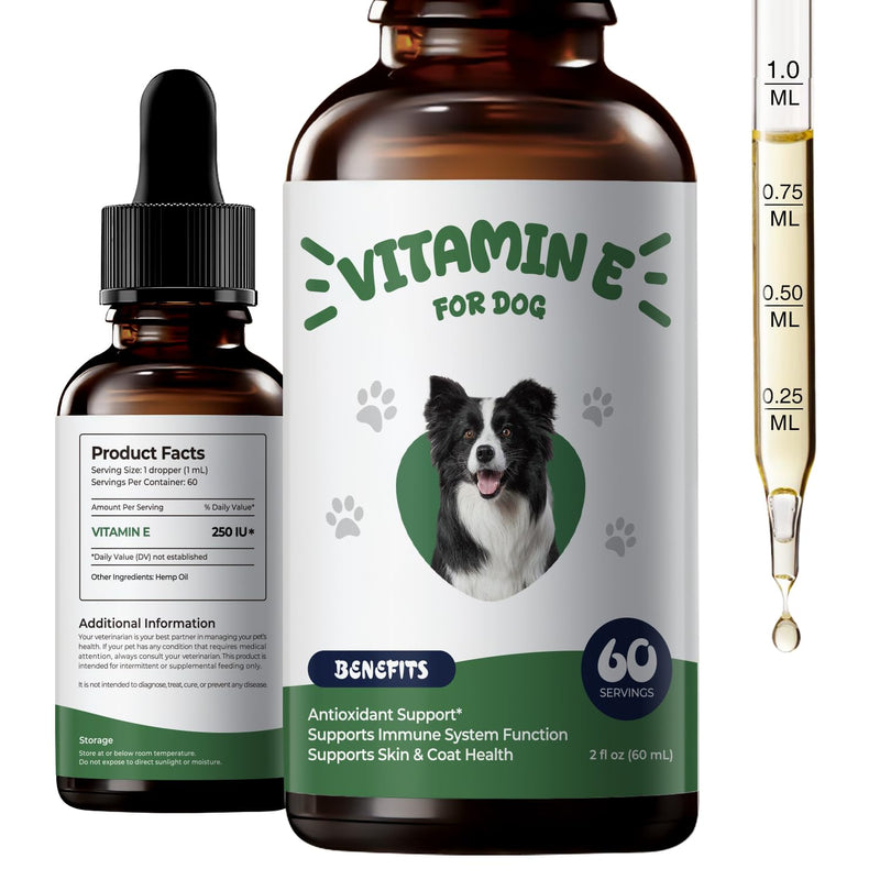 Vitamin E for Dogs, Liquid Vitamin E Oil for Skin & Coat Support, Supports Natural Moisture Balance & Cellular Health, Easy-to-Mix Drops, 2 fl oz (60 mL)