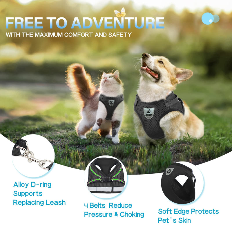 Supet Cat Harness and Leash Set for Walking and Small Dog Soft Mesh Harness Adjustable Vest with Reflective Strap Comfort Fit for Pet Kitten Puppy Rabbit M (Chest: 12.5" - 15.5") Black - PawsPlanet Australia