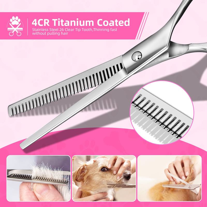 Dog Grooming Scissors Kit with Round Tip, Ecnocal Stainless Steel Titanium Coated Pet Grooming Trimmer Set, Thinning/Straight/Curved Shears, and Comb with Case for Small Pet Dog Cat (Classic) Classic