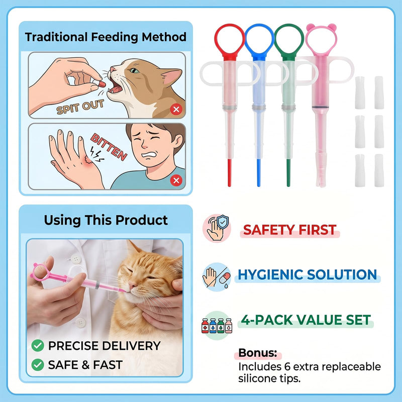 Pet tablet dispenser, set of 4, with 6 soft silicone tips, suitable for cats, dogs and other small pets, for tablets, capsules and liquids