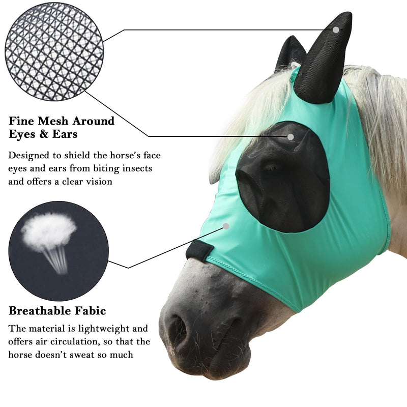 Horse Fly Mask with Ears - Large Eye Space for Full Vision, Breathable Stretch Comfort Fit, UV Protection, Forelock Opening, Easy Pull-On Green Full