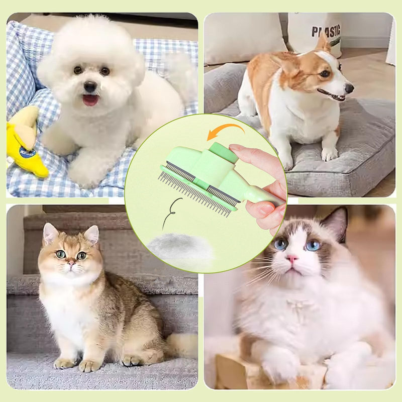 2PCS Pet Hair Removal Comb Flea Comb, Multifunctional Cat Brush with Release Button, Grooming Brush Supplies for Detangling Thinning and Shedding, All Hair Types (Green&Yellow)