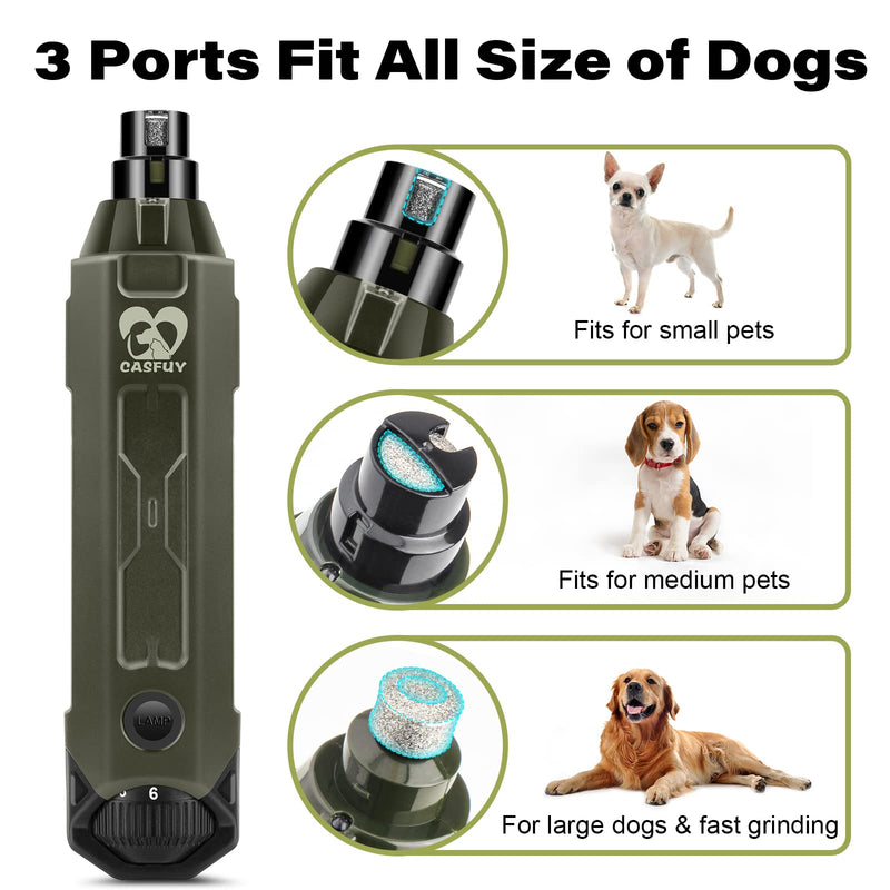 Casfuy 6-Speed Dog Nail Grinder - Newest Enhanced Pet Nail Grinder Super Quiet Rechargeable Electric Dog Nail Trimmer Painless Paws Grooming & Smoothing Tool for Large Medium Small Dogs ArmyGreen - PawsPlanet Australia