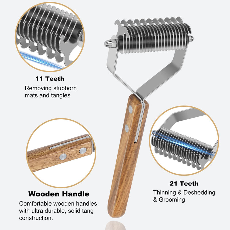 Undercoat Rake for Dogs - Dual-Sided Deshedding Blade, Wooden Handle, Professional Pet Grooming Tool with Matting Remover & Shedding Control for Double Coat Dogs & Long-Haired Cats, Large - PawsPlanet Australia