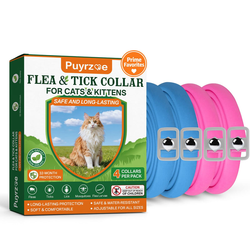 Puyrzoe Flea Collar for Cats 4 Pack, Natural Cat Flea and Tick Prevention Collar, 32-Month Full Protection, Adjustable Cat Flea and Tick for Kittens and Cats, Waterproof, 2 Pink & 2 Blue