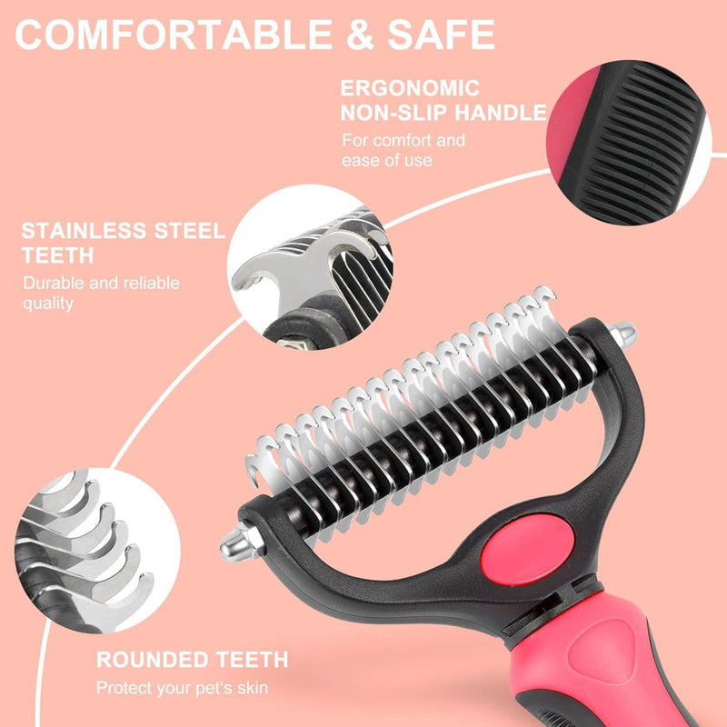 Pet Dematting Comb, Double-Sided Grooming Rake for Dogs and Cats, Deshedding Tool for Removing Knots and Tangles (Pink, L) Pink