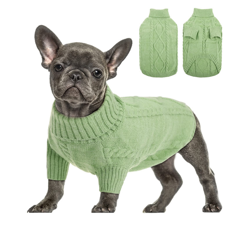 Queenmore Small Dog Pullover Sweater, Cold Weather Cable Knitwear, Classic Turtleneck Thick Warm Clothes for Chihuahua, Bulldog, Dachshund, Pug, Yorkie (Green, Medium) Green