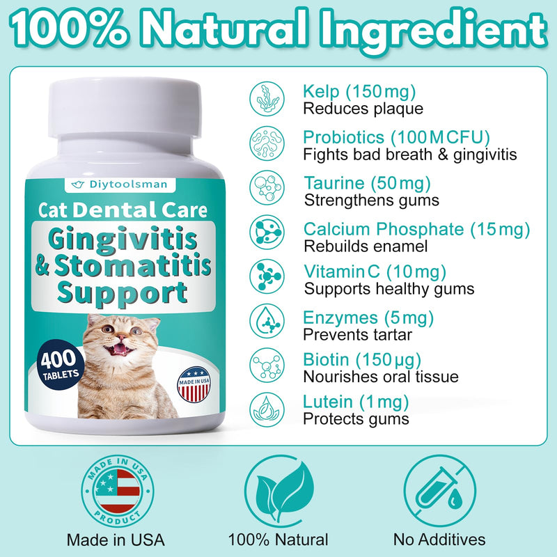 Cat Dental Care, Bad Breath, Stomatitis & Gingivitis Treatment for Cats, Cat Gum Disease Treatment, Cats Oral Health for Teeth, Gums, Mouth and Tartar, 400 Tiny Tablets - PawsPlanet Australia