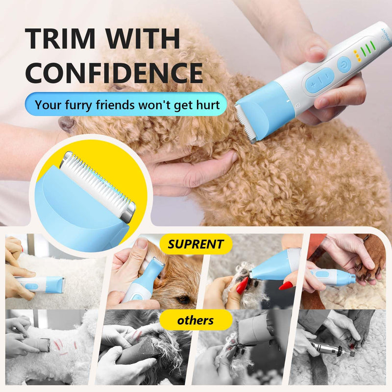 SUPRENT Dog Grooming Kit, 4 in 1 Quiet Pet Clippers for Grooming Supplies, Cordless Cat Paw Trimmer Dog Nail Grinder, Professional Long Hair Shaver Set for Cat Matted Hair and Small Dogs Blue - PawsPlanet Australia