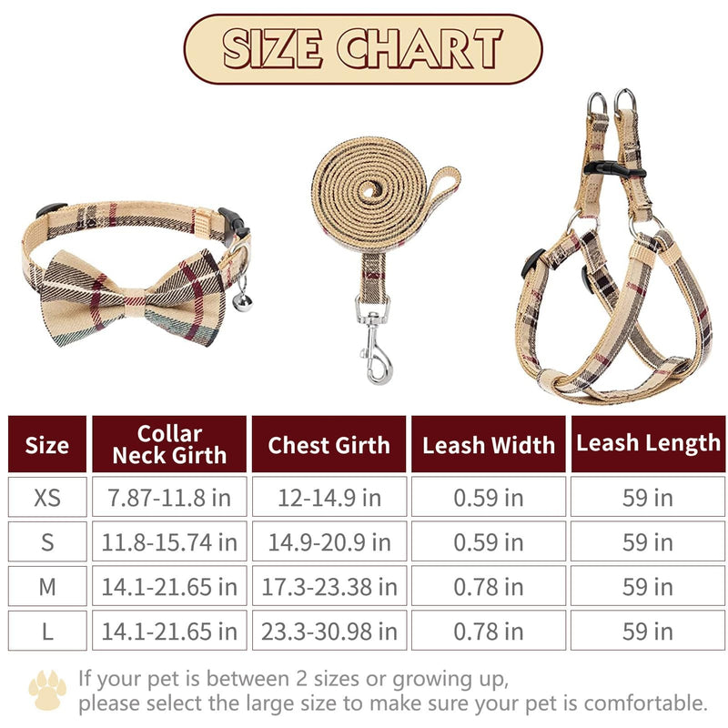 BINGPET Dog Harness Collar Leash Set,Adjustable No Pull Escape Proof Small Dog Harness,Classic Plaid Puppy Harness and Leash Set for Small Medium Large Dogs Training Easy Walk Running(Beige,S) S(Chest Girth:14.9''-20.9'') Beige