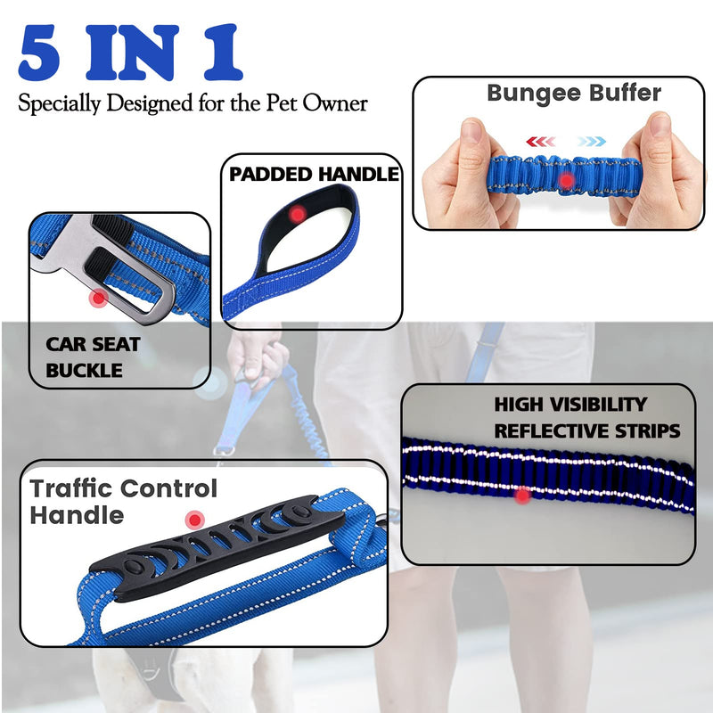 Heavy Duty Dog Leash for Large Dogs, 4-6FT Traffic Padded 2 Handles for Extra Control, Strong Shock Absorbing Bungee With Car Safety Buckle, Reflective for Night Walking Navy Blue - PawsPlanet Australia