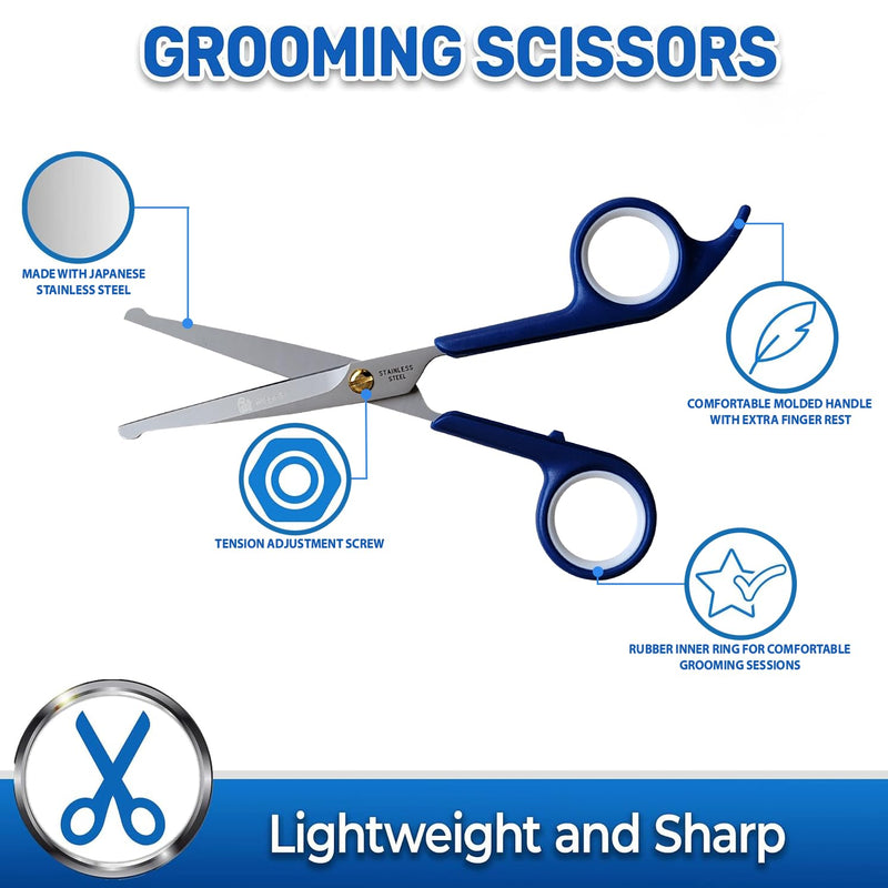 Pet Magasin Japanese Stainless Steel Grooming Scissors (2) for Facial Hair and Larger for Body Trimming with Round Tip (Blue) Blue - PawsPlanet Australia