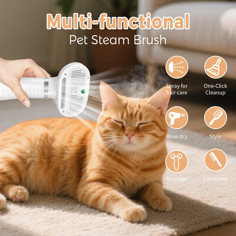 Cat Steam Brush with 600W High-Power Pet Dryer, Pet Spray Hair Removal Comb, 5 in 1 Cat & Dog Brush for Shedding, Includes Shampoo(Wired) White - PawsPlanet Australia