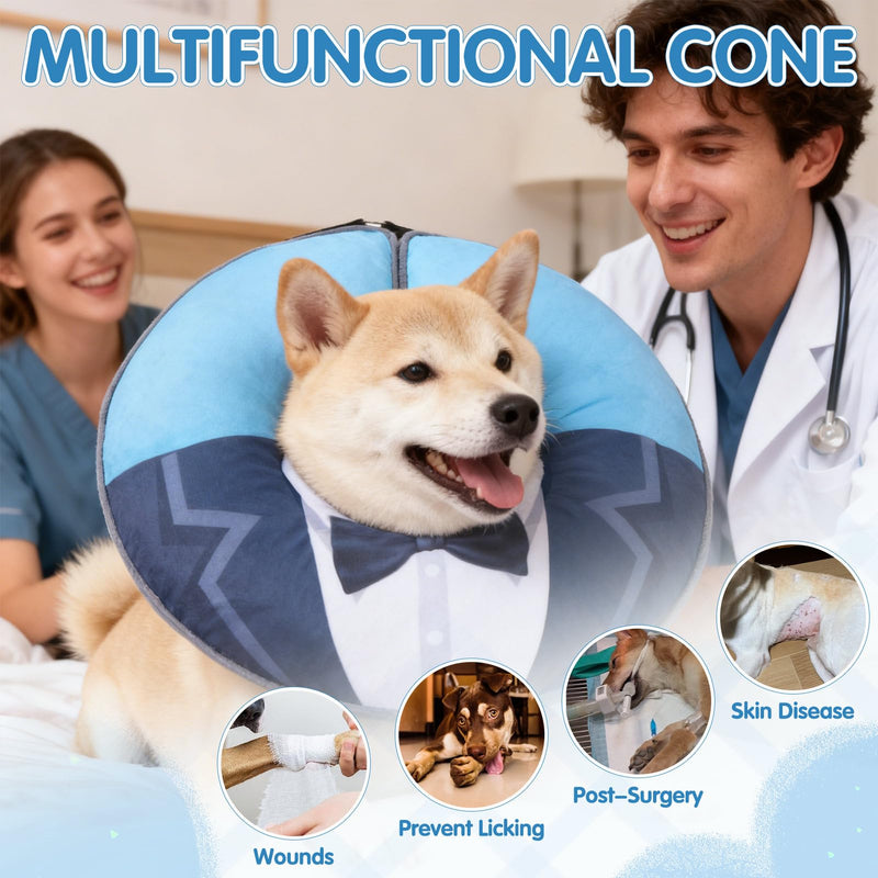 EXPAWLORER X-Large Widen Soft Dog Cone Collar - Inflatable Dog Neck Donut Collar Alternative After Surgery to Stop Licking,Adjustable Protective Recovery E Collar(Blue Suit)