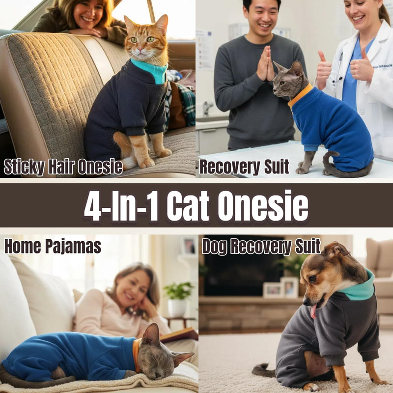 T'CHAQUE Sticky Hair Cat Onesie - Soft Long Sleeve Cat Pajamas, Anti-Shedding,Surgery Recovery Suit, Wound Protection & Preventing Licking, Kitten Sweaters for Male Female, Blue-M Medium DarkGray