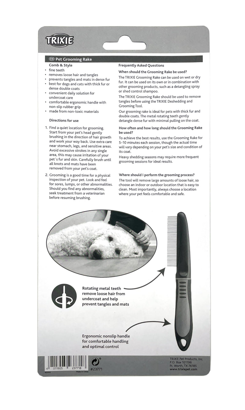 TRIXIE Pet Grooming Rake, Fine Tooth, For Dogs and Cats, Rotating Teeth Removes Loose Hair, Tangles, and Mats, 8.7" (22cm) - PawsPlanet Australia
