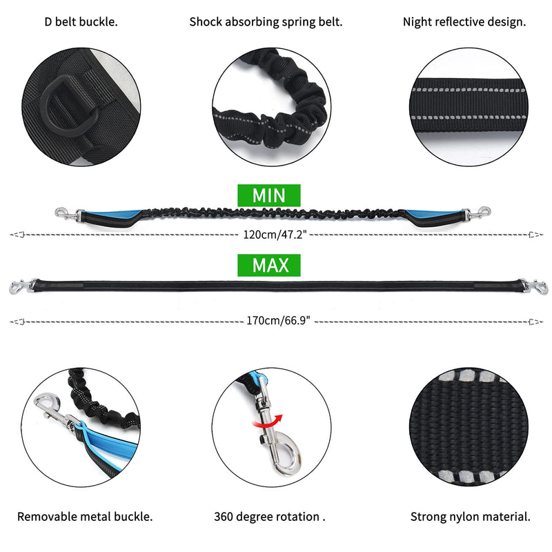 Hands Free Dog Leash with Waist Bag for Medium to Large Dogs, Dual-Handle Reflective Bungee Leash with Poop Bag Dispenser Pouch, Adjustable Waist Belt for Night Walking Jogging Hiking - PawsPlanet Australia