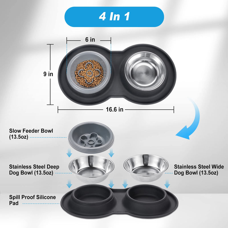 BurgeonNest Slow Feeder Dog Bowls Small Size,13 oz Cat Food Bowls, 4-in-1 Cat Slow Feeder with No-Spill Silicone Feeding Mat, Stainless Steel Anti Vomiting Pet Bowl Set, Perfect for Puppy, Kitten Grey