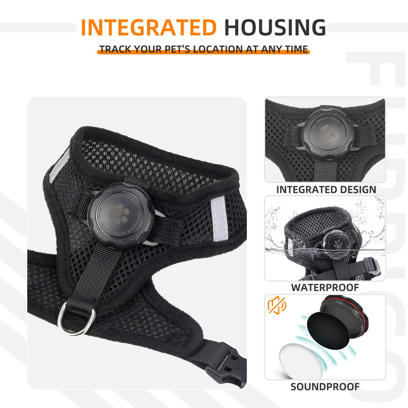 AirTag Cat Harness and Leash for Walking, Integrated Cat Vest with 100% Waterproof Air Tag Holder, Escape Proof Reflective Adjustable Vest Harnesses with Apple Air Tag Case for Cats, Kittens, Puppies Small Black - PawsPlanet Australia