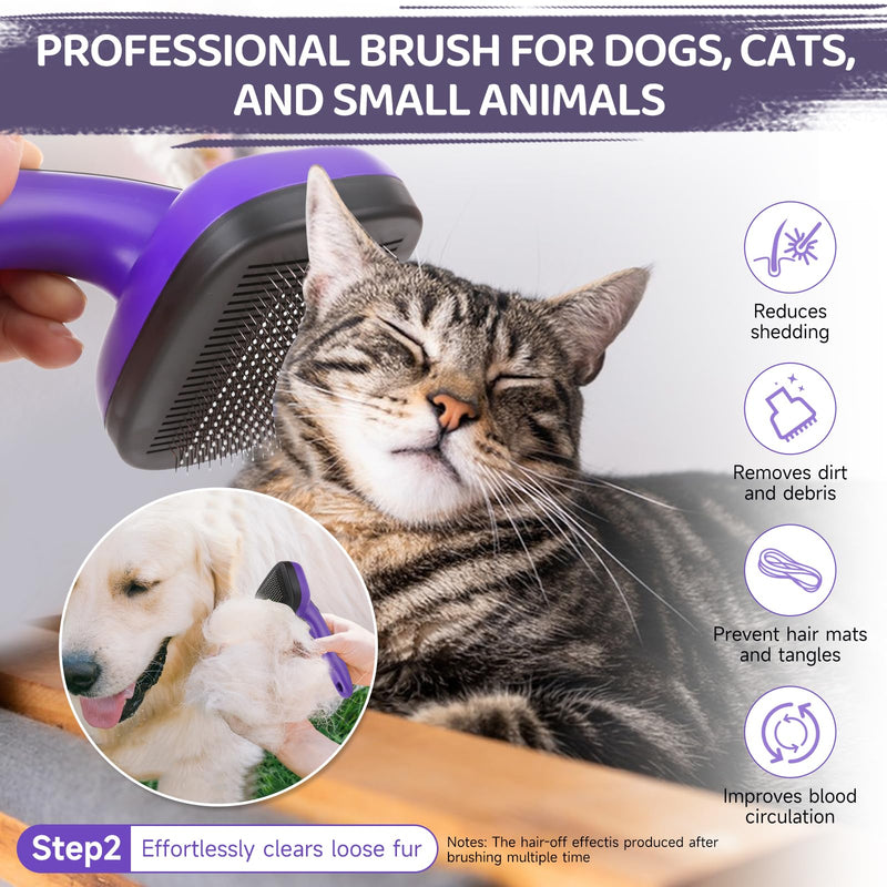 Dog Brush Kit – 3 PCS Grooming Set with Self-Cleaning Brush, Undercoat Rake & Pet Bath Brush. Great for Shedding, Tangles & Dirt Removal – Ideal for Long & Short Haired Dogs & Cats, Purple - PawsPlanet Australia