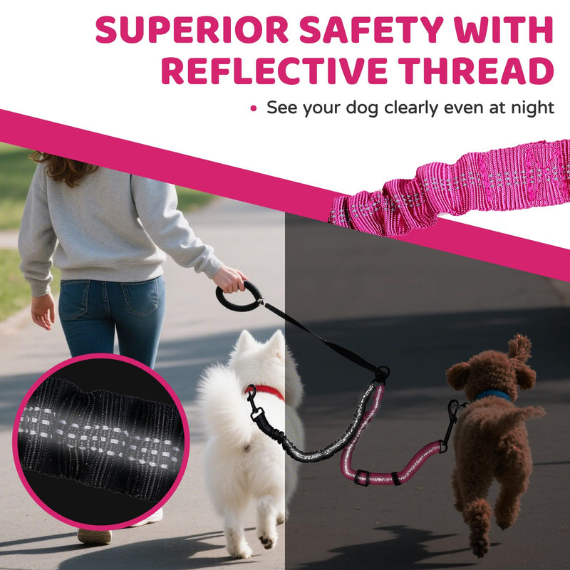 Double Dog Leash Coupler-360° Swivel, No Tangle Dual Walking Leash Attachment with Adjustable Strap & Reflective Shock Absorbing Bungee, Split Lead for Two Different Size Dogs - PawsPlanet Australia