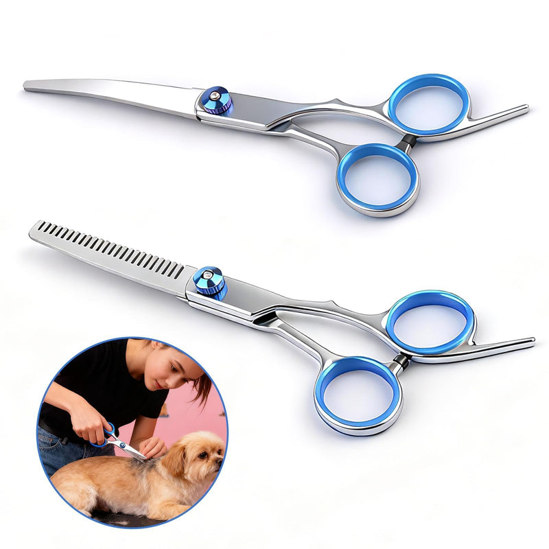 2 Pack Dog Grooming Scissors Set with Safety Round Tips Thinning Shears and Curved Scissors Stainless Steel Pet Grooming Kit for Long Short Hair for Dogs and Cats (Blue)