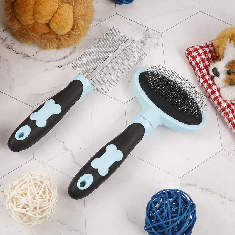 tonyg-p Dog Grooming Brush Comb Kit, Soft Slicker Brush + Double Sided Grooming Comb for Small Medium Large Pets with Long Hair (Blue) Blue
