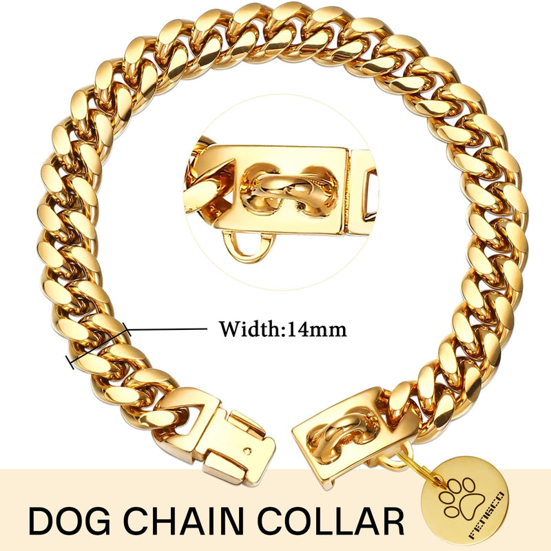Gold Dog Chain Collar with Dog Tag Pendent Metal Chain Collar Necklace18K Gold Plated Stainless Steel Pet Cuban Links Collars for Dogs(24inch) 24inch - PawsPlanet Australia