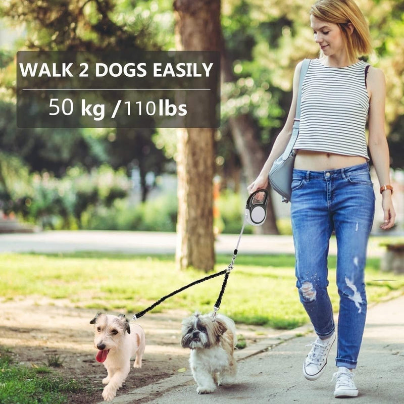Dual Retractable Dog Leash for 2 Large Dogs (Up to 110 Lbs Each) - Double Headed 16 ft Extendable Pet Leash with Poop Bags, Non Slip Grip - One Button Break & Lock, 360 Tangle-Free (Gray, Large) Gray - PawsPlanet Australia