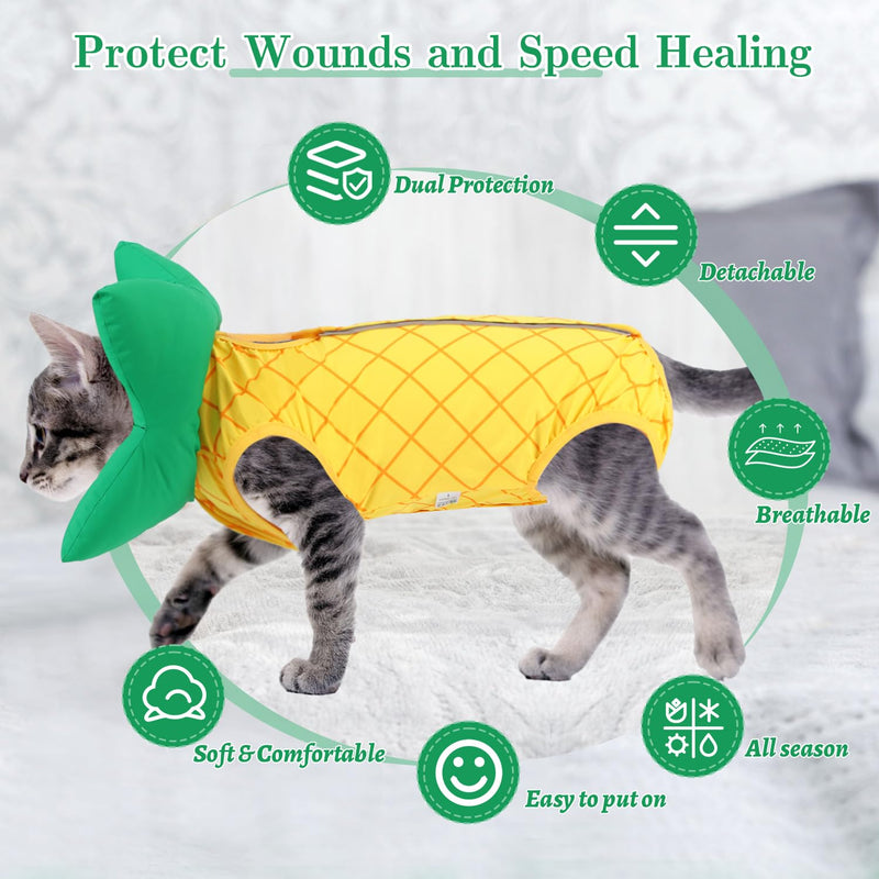 EMUST 2PCS Cat Recovery Suit & Cat Cone Collar Female, Soft & Adjustable Dog Surgery Suit Female Spay for Abdominal Wounds, Cotton Cone for Cats to Stop Licking for Small Female Pets 8-16lb, Yellow, L Large