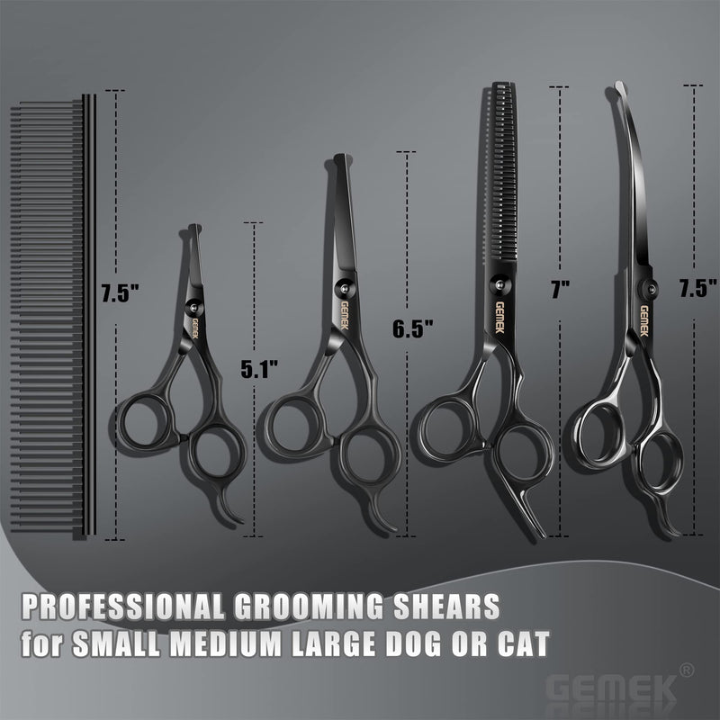 Dog Grooming Scissors Kit with Safety Round Tips, GEMEK Professional 6 in 1 for Dogs, Heavy Duty Titanium Coated Pet Scissor Cats and Other Animals (Black) (GD0051) Black 6 in 1 - PawsPlanet Australia