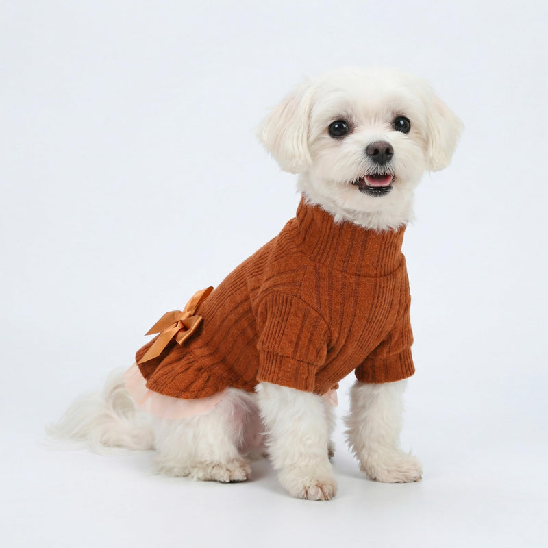 Fitwarm Knitted Dog Tulle Sweater Dress, Dog Winter Clothes for Small Dogs Girl, Cat Apparel, Orange, Small - PawsPlanet Australia