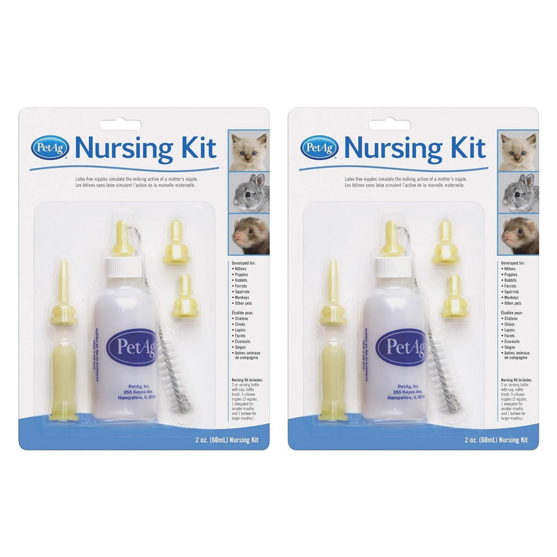 Pet-Ag Nursing Kit - 2 oz, Pack of 2 - Promotes The Natural Feeding of Liquids to Baby Animals - Each Kit includes 2 oz. Bottle with Cap, 5 Nipples & Cleaning Brush