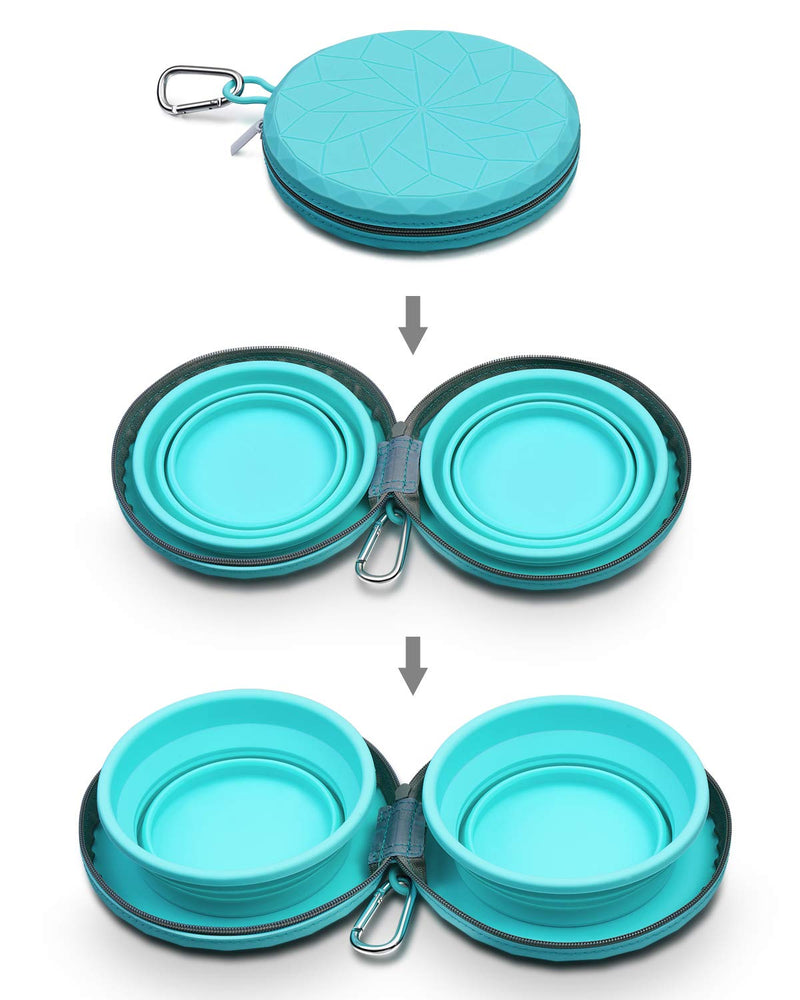 KALLAK Collapsible Silicone Twin Dog Bowls with Zipper Silicone Case, Foldable Travel Dog Bowls, Expandable Cup Dish, No Spill Non-Skid Silicone Pet Food and Water Feeder Bowl with Carabiner Clip - PawsPlanet Australia