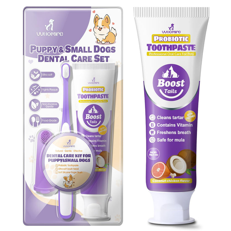 Vet Recommended Small Dog Teeth Brushing Kit 2.52oz + Natural Coconut Oil Dog & Cat Toothpaste for Fresh Breath 3.52oz