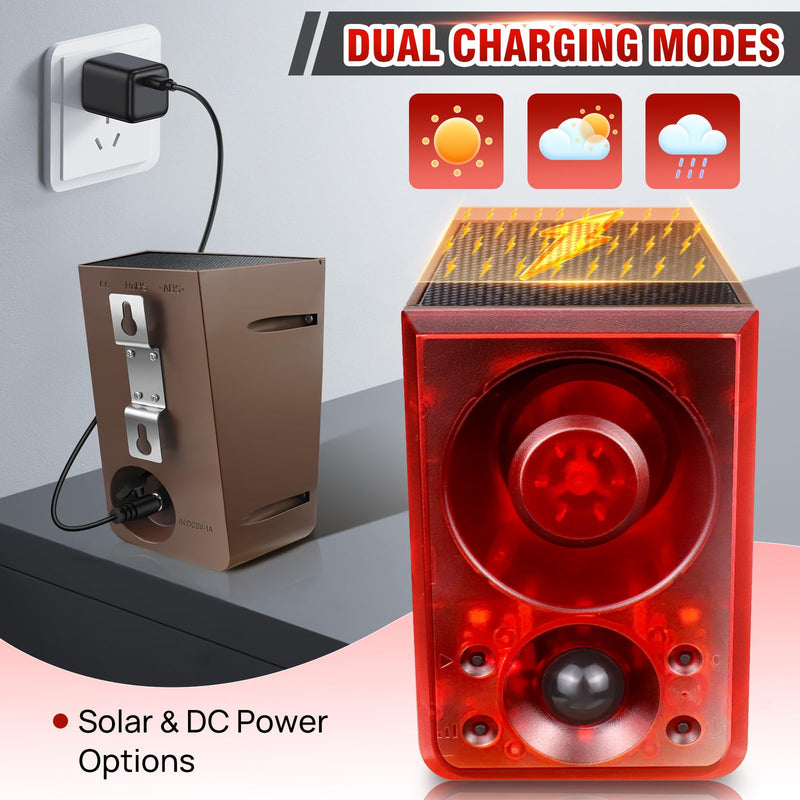 Solar Outdoor Motion Sensor Alarm, Dog Barking&Gunshot Sound,130db Loud Noise Maker,Support Recording,13 Kinds of Sound and Strobe Light to Deter Raccoons, Deer, Skunks, Bears, and Coyotes 1 Remote+1 Sensor