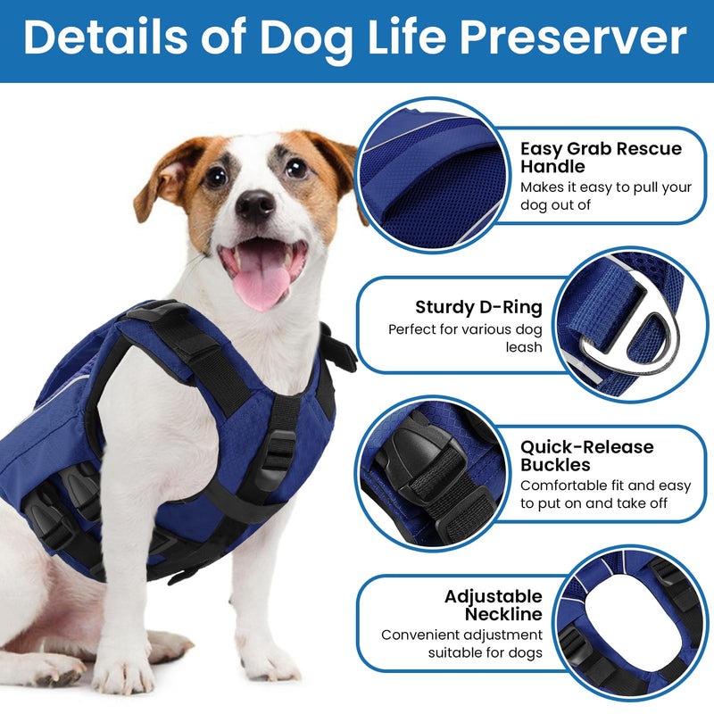 SUNFURA Dog Life Jacket Large, XXL Dog Life Vest for Swimming, Adjustable Dog Flotation Vest with Rescue Handle, Lightweight Dog Water Vests Pet Life Preserver for Boating, Blue 2XL XX-Large Navy Blue