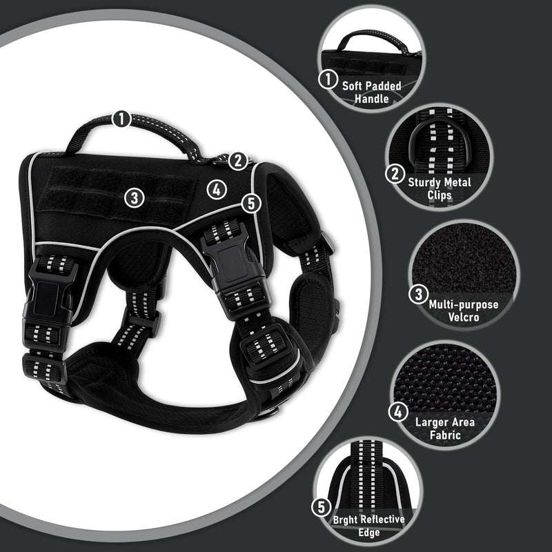 Tactical Dog Harness for Large Dogs, for Golden Retriever, Labrador, German Shepherd etc, No Pull Reflective No Choke Adjustable and Padded Pet Vest Harness, Black, L - PawsPlanet Australia