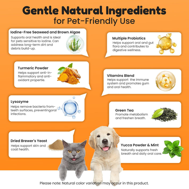 Dog Teeth Cleaning Powder - Plaque & Tartar Control, Breath Fresheners with Natural Seaweed, Probiotics, Vitamins, Turmeric & Enzymes for All Dogs & Cats (Chicken Flavor, 75 Scoops) - PawsPlanet Australia