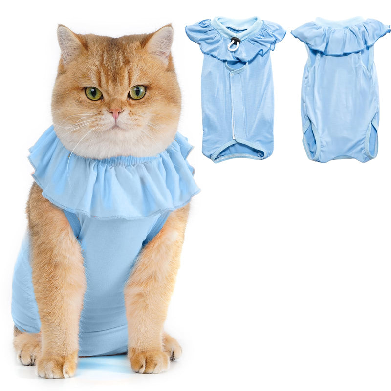 Avont Cat Recovery Suit - Kitten Onesie for Cats After Surgery, Cone of Shame Alternative Surgical Spay Suit with Ruffles for Female Cat, Post-Surgery or Skin Diseases Protection -Blue (L) Blue Large