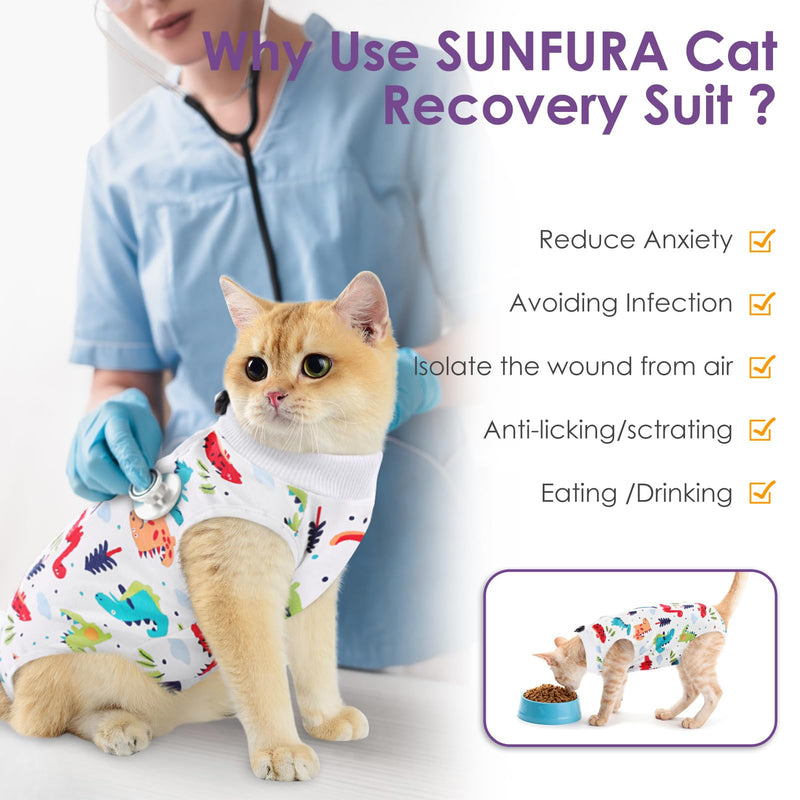 SUNFURA Cat Recovery Suit, Kitten Surgical Full Bodysuit for Abdominal Wound Protector Anti Licking After Surgery, Professional Bandages Cone E-Collar Alternative for Small Male & Female Pets Medium Colorful Dino - PawsPlanet Australia